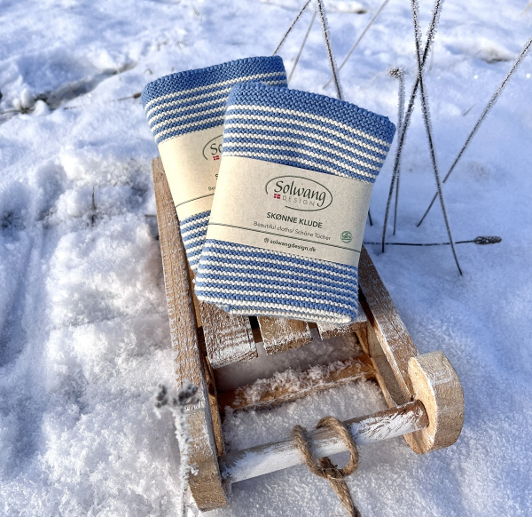 Solwang Reinigungstücher gestrickt, Natur-Blaue Streifen, 2er Set