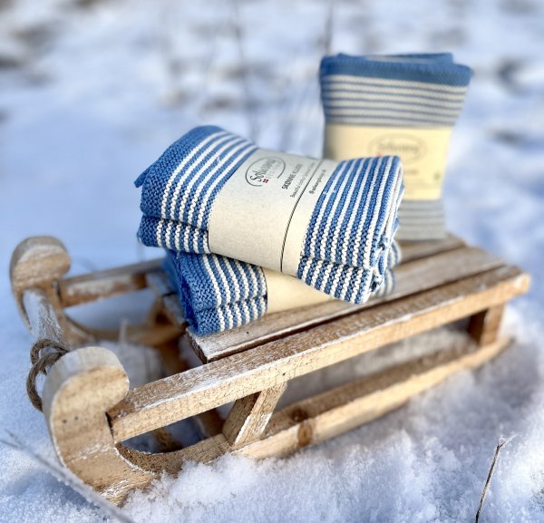 Solwang Reinigungstücher gestrickt, Natur-Blaue Streifen, 2er Set