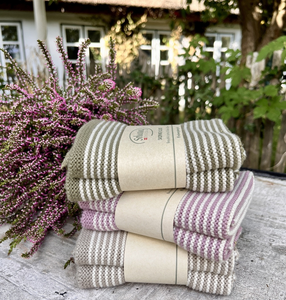 Solwang Reinigungstücher gestrickt, Natur-Orchidee Streifen, 2er Set